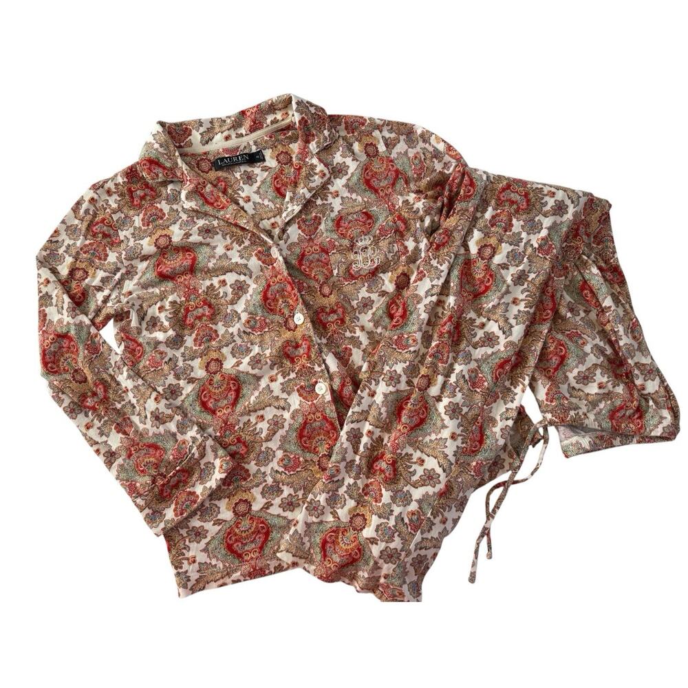 Lauren Ralph Lauren Black Label Pajama Set XS Red Aqua Floral Paisley Logo #7034